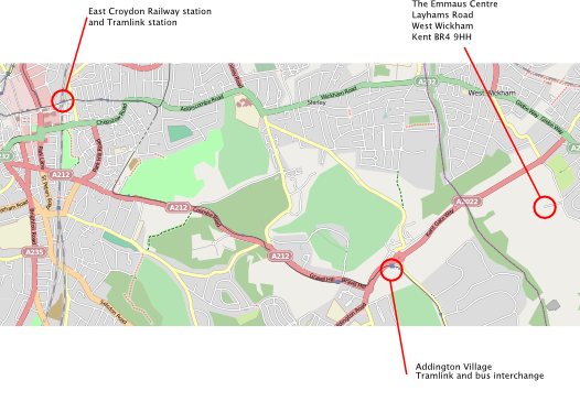 Map of East Croydon showing the Emmaus Centre and Addington Village