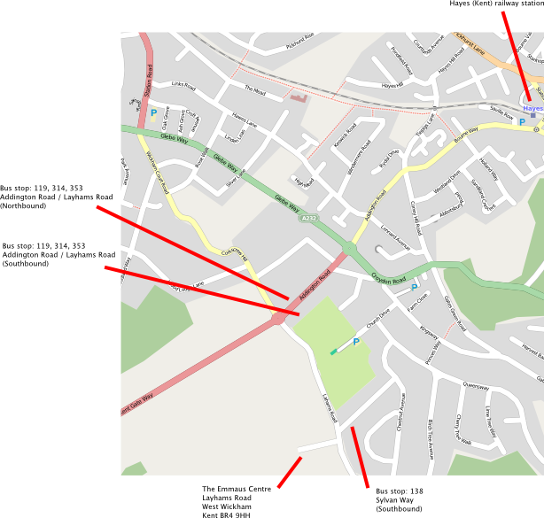 Map of East Croydon showing the Emmaus Centre and Hayes (Kent)