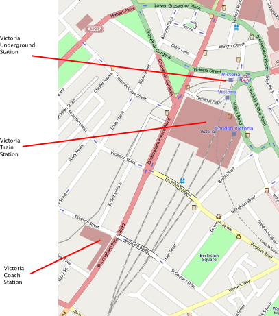 Map of Victora coach, train and underground stations